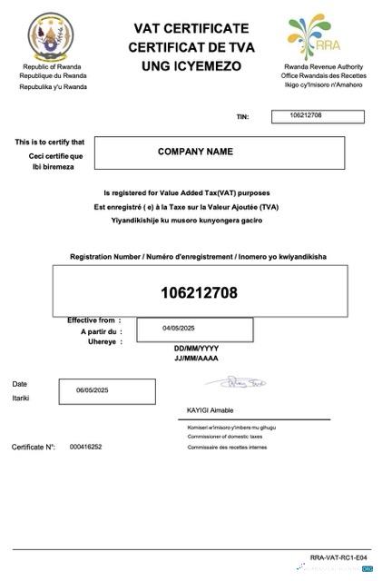 Download Rwanda VAT certificate Word and PDF template Photoshop template